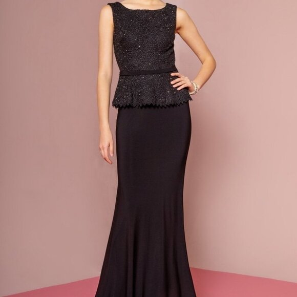 Evening Party Mother of Bride Peplum Floor Length Jersey Dress with Lace Bodice - Picture 6 of 8